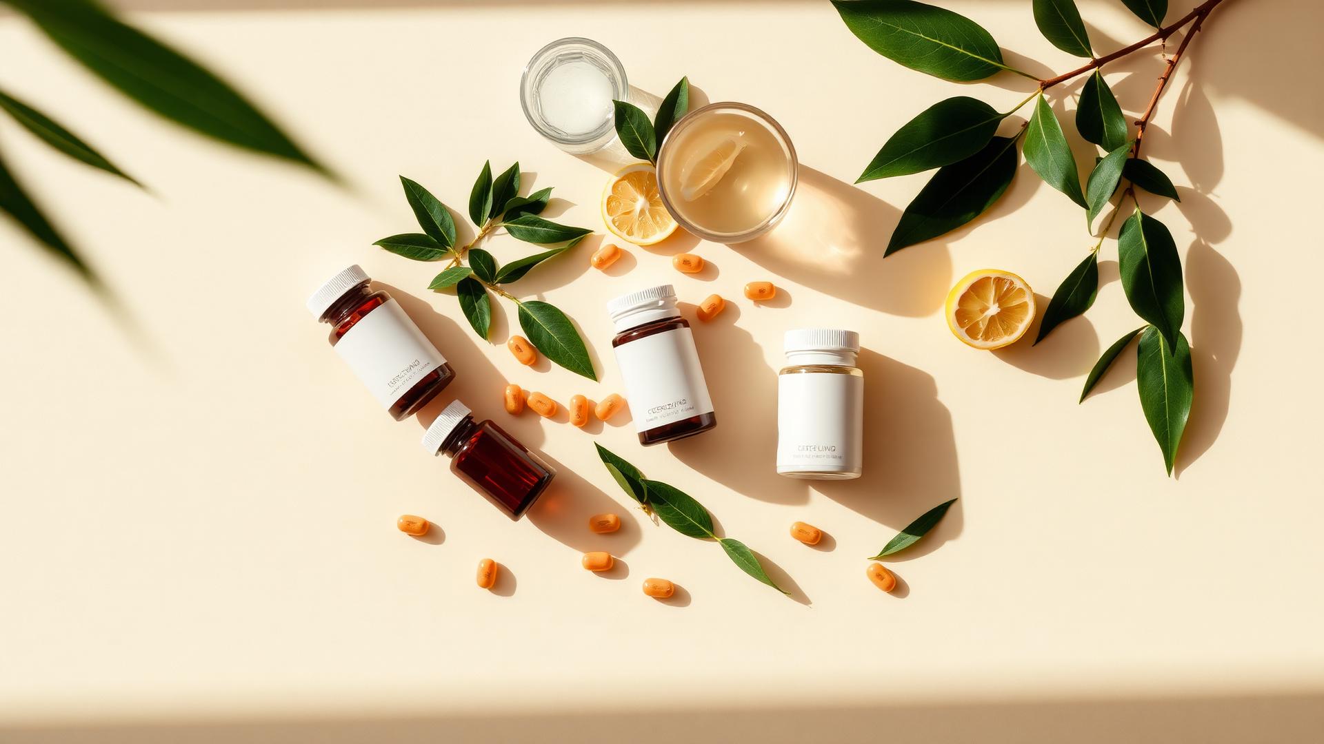 Wellness supplements flatlay with fresh leaves and lemon